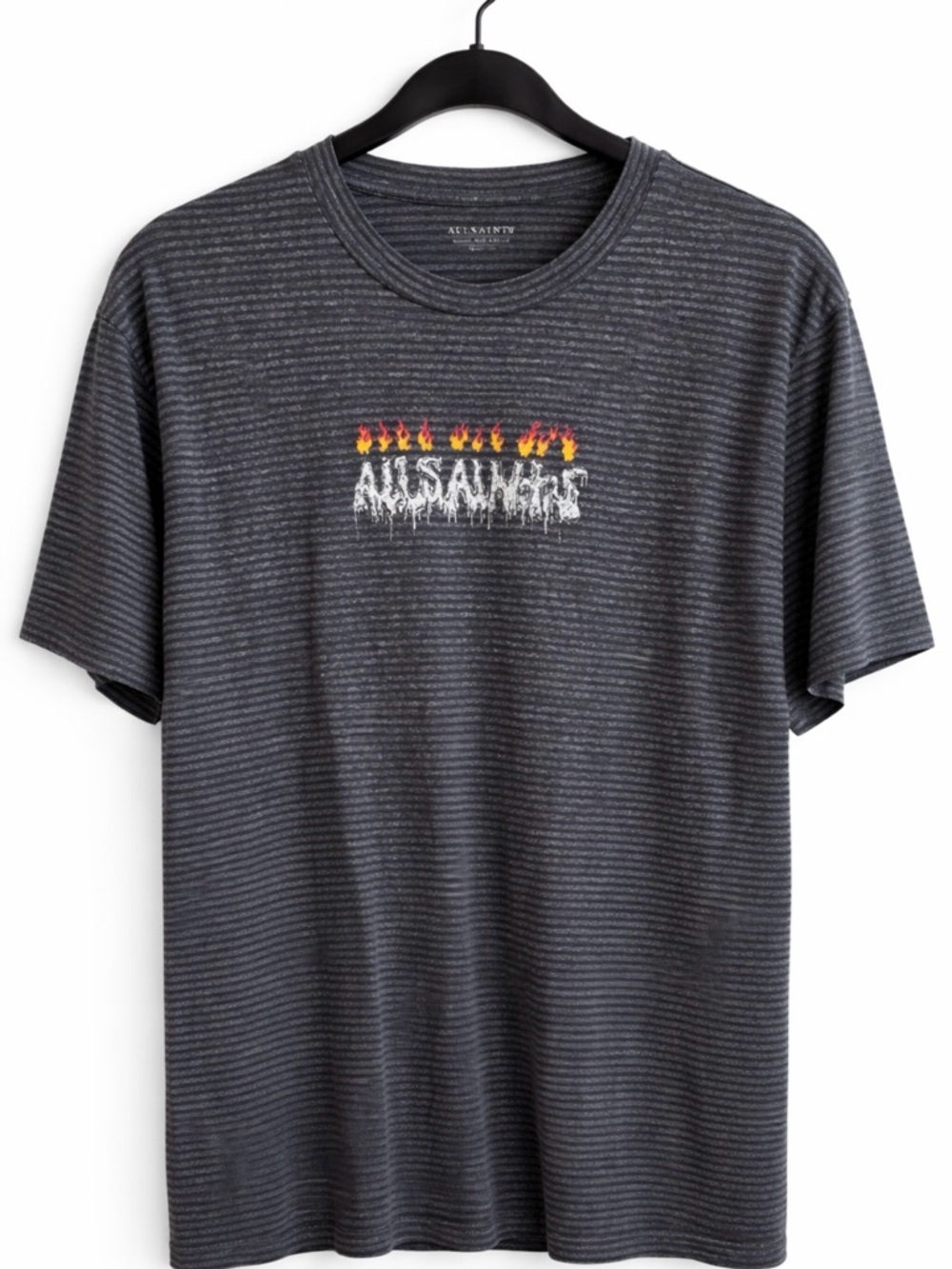 Mans All Saints Charcoal Striped Flame Logo Tee